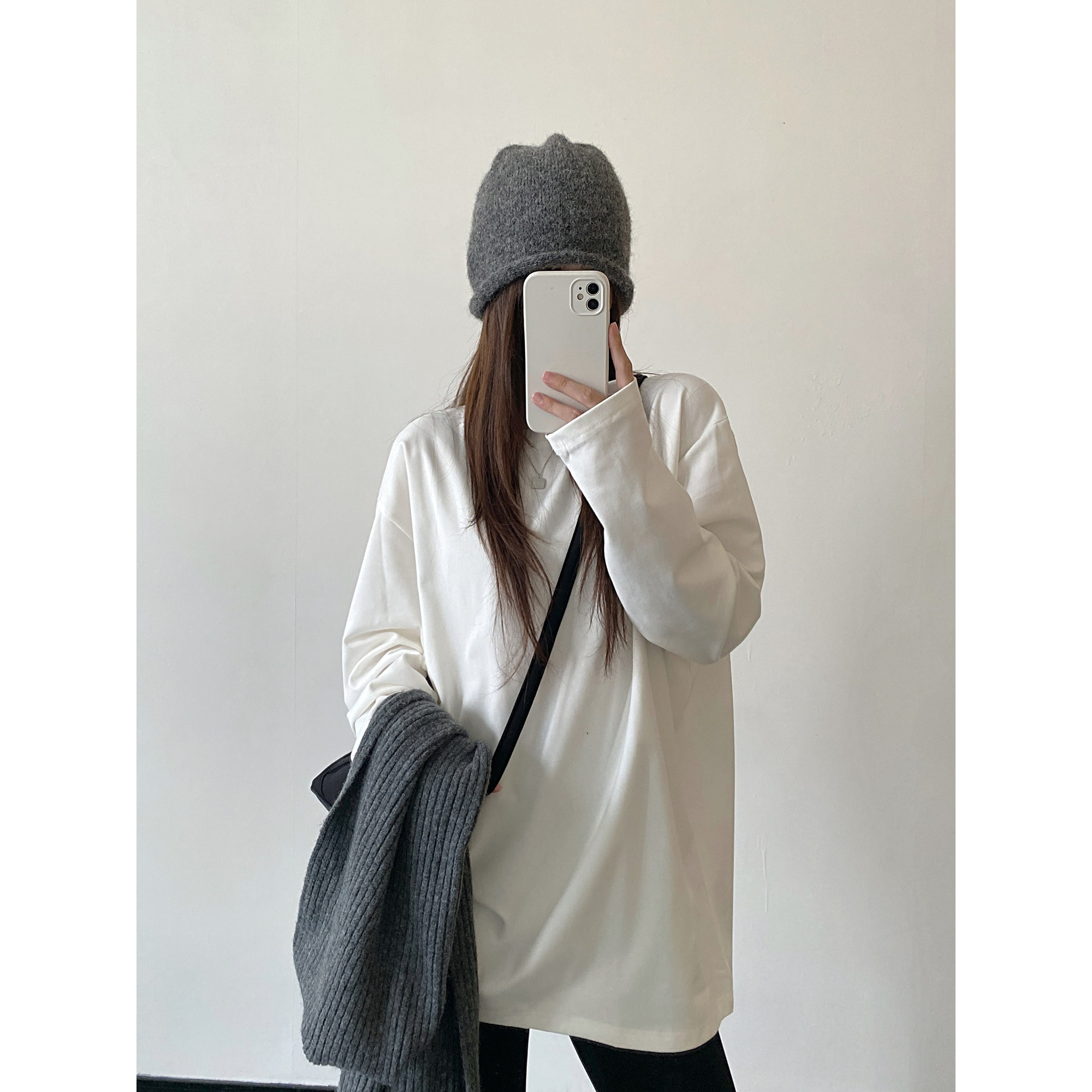 sun柚 简约纯色宽松长袖叠穿白T恤女春秋百搭休闲中长款打底上衣,淘宝优惠券,粉丝福利购,淘宝优惠卷