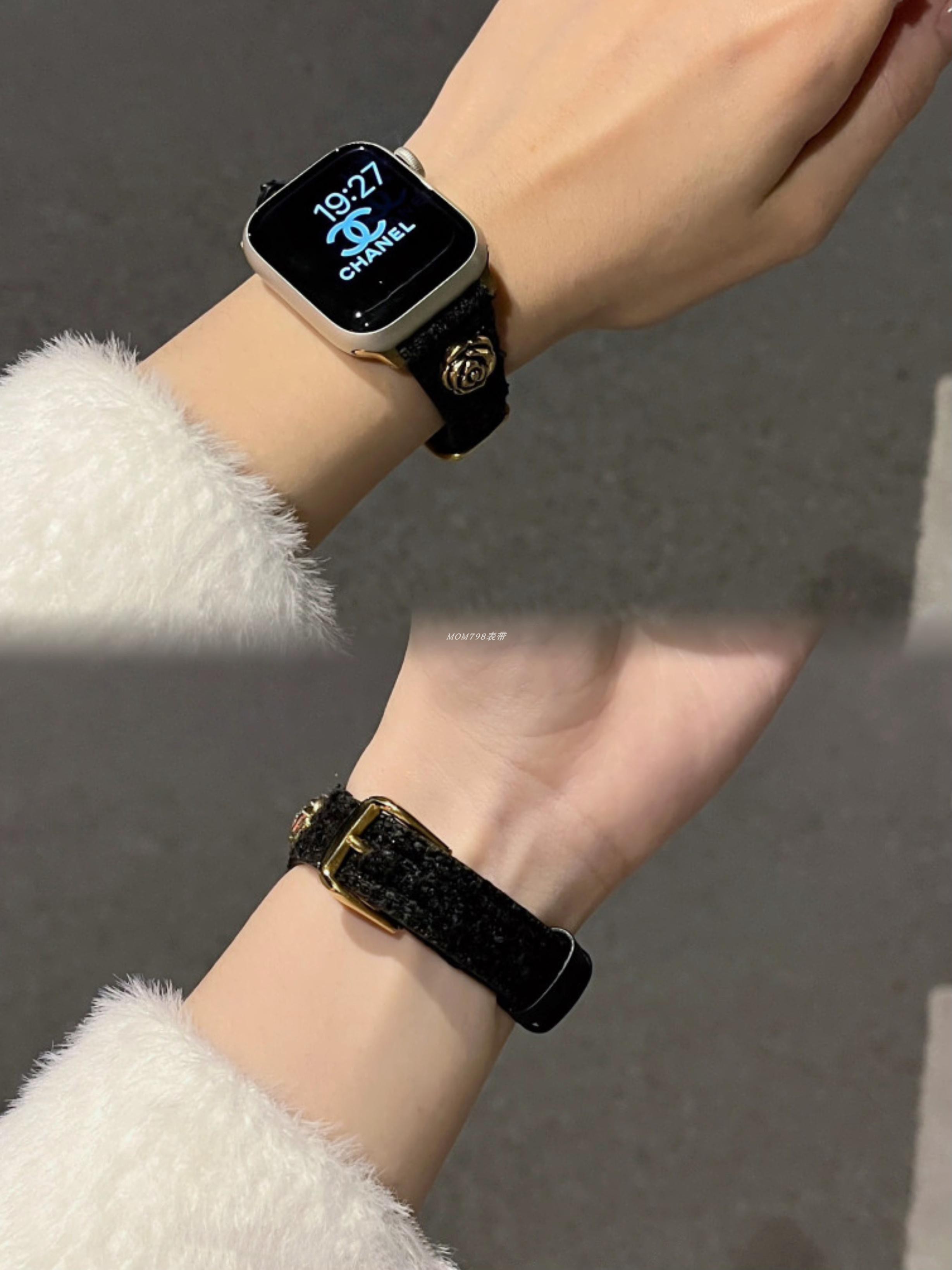 小香风皮质iwatch9表带小蛮腰山茶花适用苹果手表applewatch876se - 图0