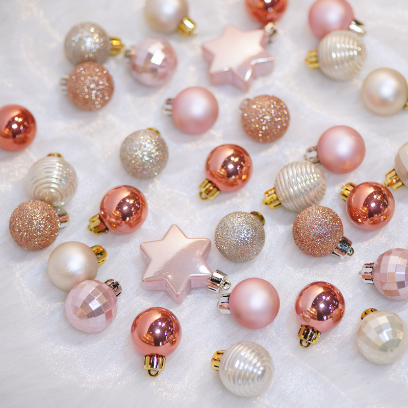 网红家居3cm圣诞球组合套装粉色浅金配色圣诞树装饰品挂饰装饰球 - 图0