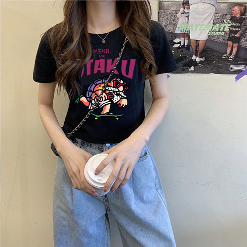 超火短款上衣服设计感小众显瘦配高腰阔腿裤短袖t恤女装ins潮夏天 - 图1