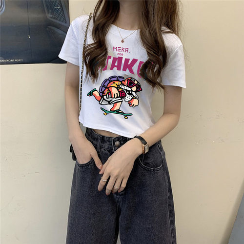 超火短款上衣服设计感小众显瘦配高腰阔腿裤短袖t恤女装ins潮夏天 - 图3