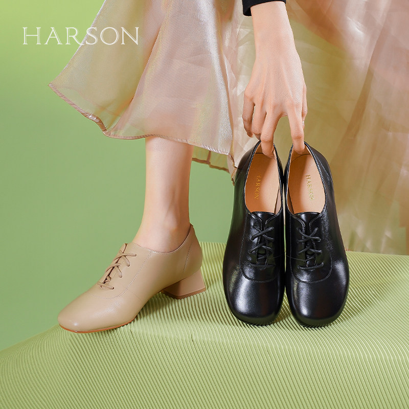 哈森英伦软皮小皮鞋女春秋季新款圆头粗跟深口单鞋HS247901,淘宝优惠券,粉丝福利购,淘宝优惠卷