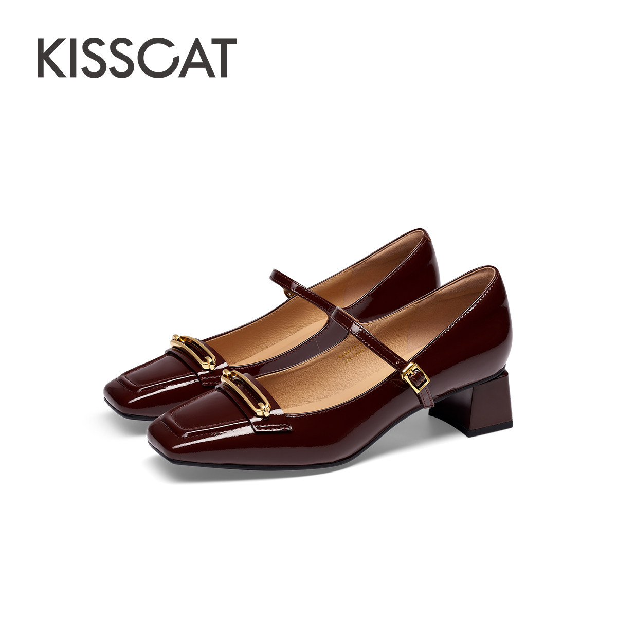 KISSCAT接吻猫秋季新款气质方头真皮单鞋粗跟复古玛丽珍鞋女,淘宝优惠券,粉丝福利购,淘宝优惠卷