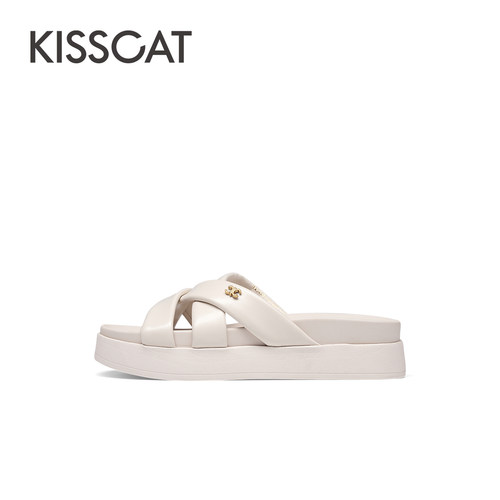 KISSCAT接吻猫秋季新款云朵软枕厚底增高凉拖度假外穿拖鞋女 - 图0