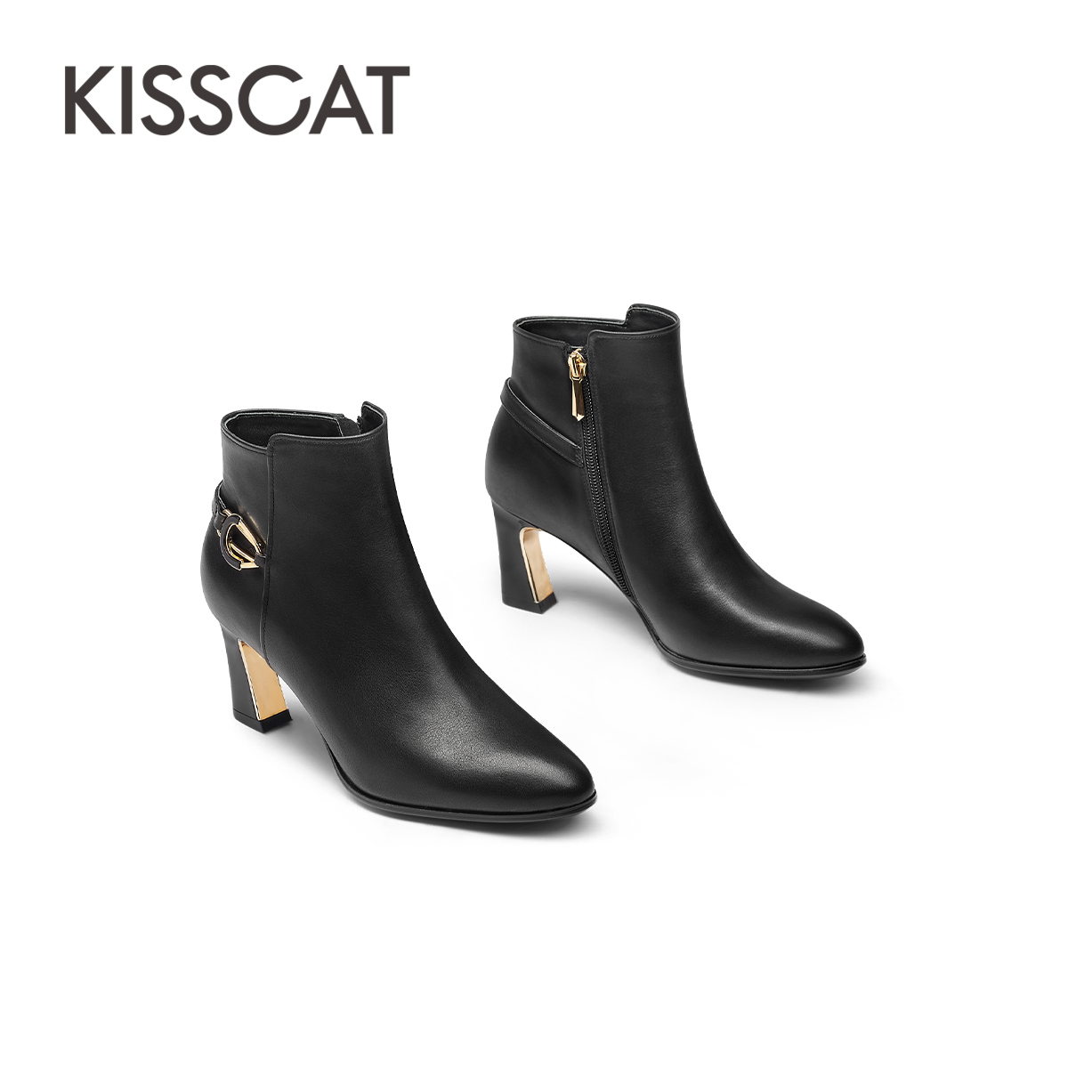 接吻猫冬季新款金属饰扣法式气质短靴女舒适高跟牛皮加绒时装靴子