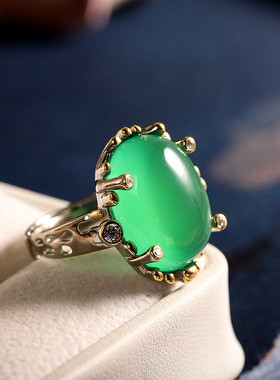 德琳居 s925银镶嵌绿玉髓简约时尚大蛋面男士开口戒指新品