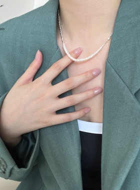 JHEPAN 碎银子珍珠项链女925纯银简约气质重工时髦不规则切割毛衣