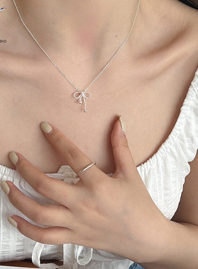 JHEPAN 925纯银蝴蝶结项链女简约甜美可爱韩系亮银色锁骨链新品N7