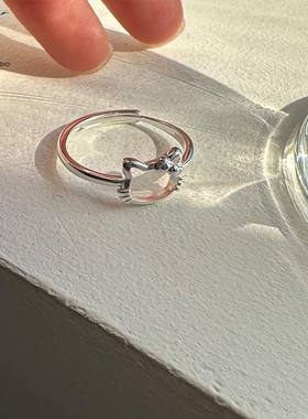 JHEPAN 990足银镂空猫咪蝴蝶结戒指女简约可爱甜美气质推拉设计指