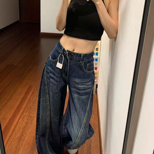 美式复古弯刀牛仔裤女2026春季新款大尺码胖mm高腰宽松镰刀阔腿长 - 图1