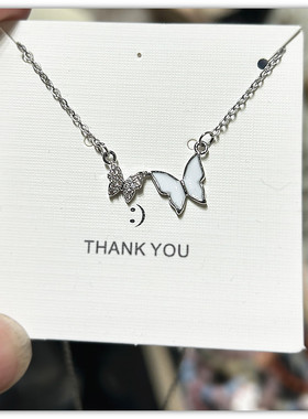 钛钢银色笑脸微镶钻石锁骨链女