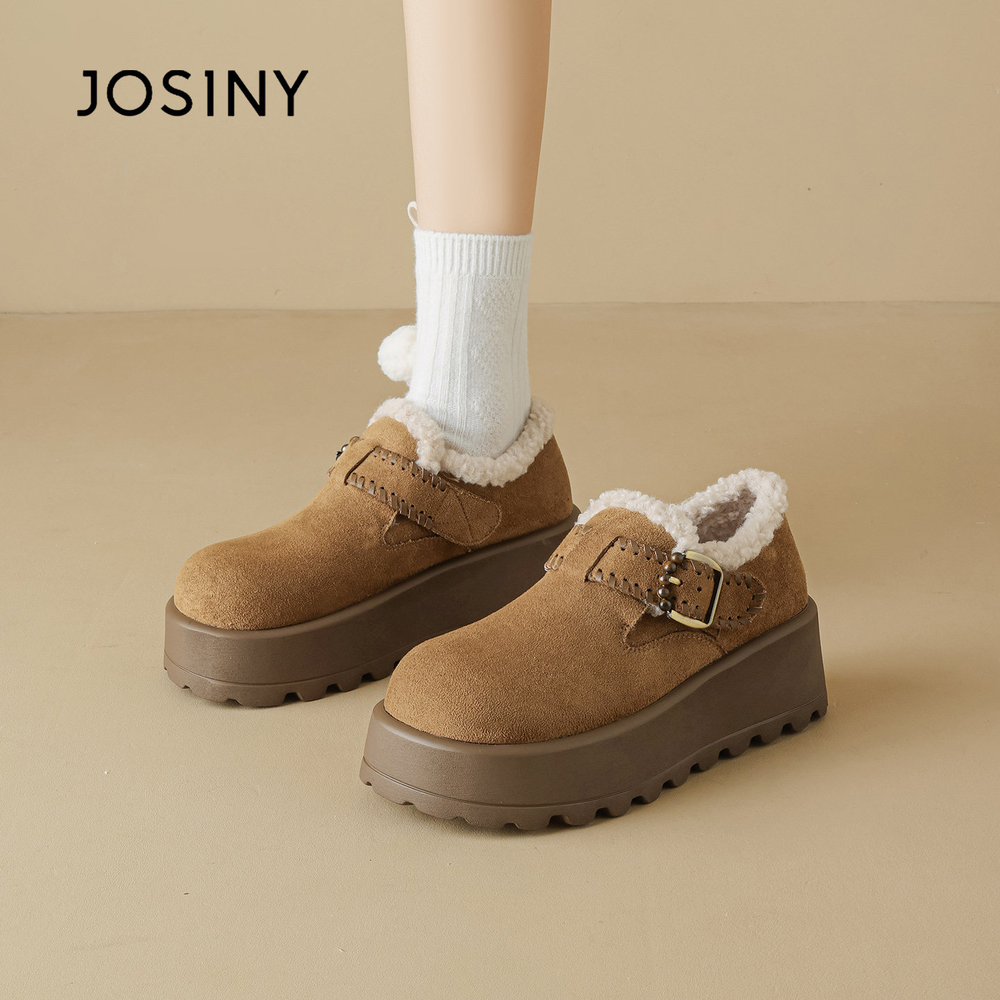 卓诗尼厚底勃肯毛毛鞋女2025新款冬季加绒保暖平底舒适乐福雪地靴,淘宝优惠券,粉丝福利购,淘宝优惠卷
