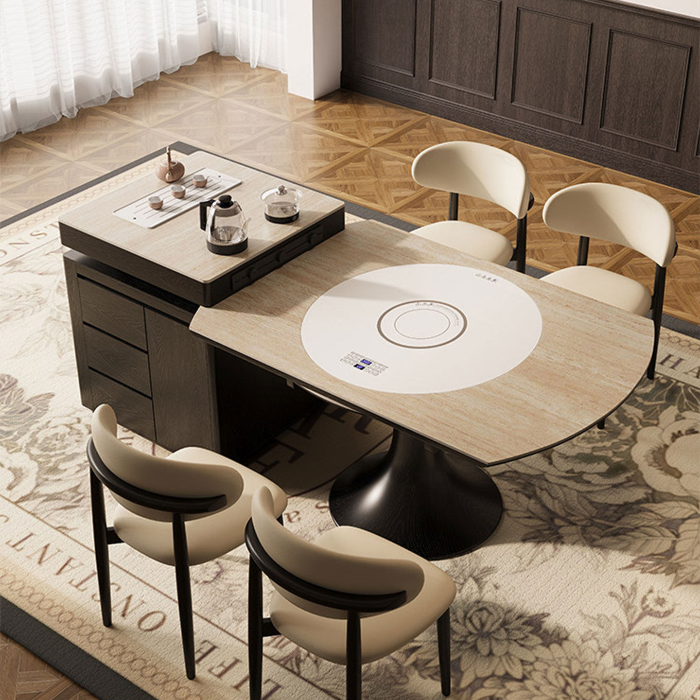 洞石岩板岛台餐桌一体伸缩极简多功能带水槽电磁炉暖菜板实木饭桌,淘宝优惠券,粉丝福利购,淘宝优惠卷