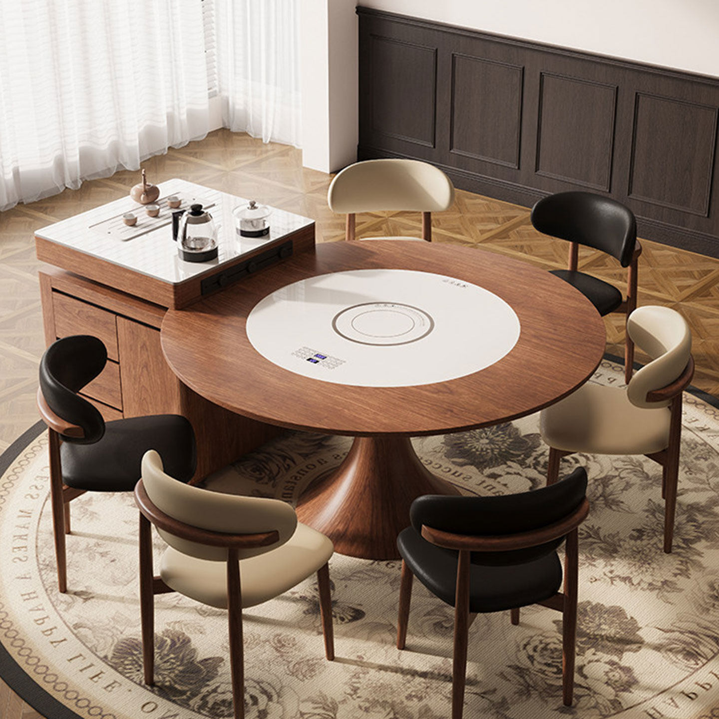 实木岛台餐桌一体可伸缩多功能胡桃色圆桌2025新款带电磁炉中古风,淘宝优惠券,粉丝福利购,淘宝优惠卷