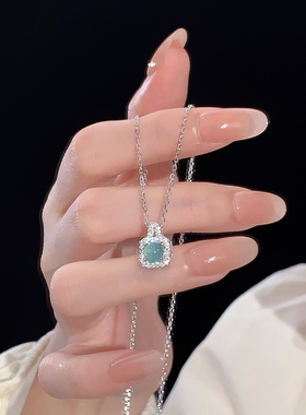 S925纯银新中式高级感玉石锁骨链蓝水翡翠小方糖项链女