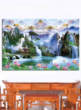 山水画堂口装饰贴画中堂供桌山水装饰挂画亭子有山水背景墙壁贴画