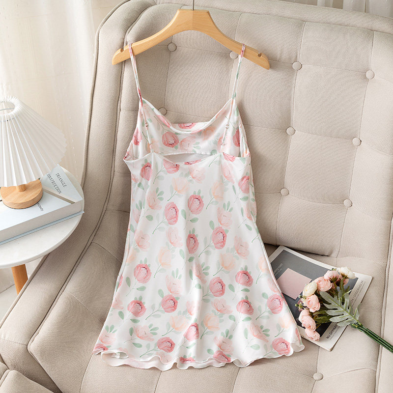 春夏印花吊带冰丝性感无袖露背睡裙 狄思莉睡衣/家居服套装