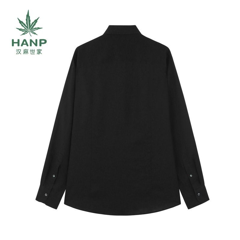 Hanp/汉麻世家春夏简约日系长袖透气翻领黑色休闲麻衬衫 - 图0