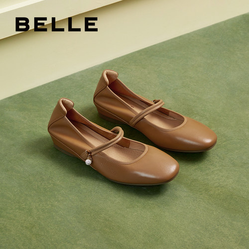 百丽女鞋子新款真皮柔软妈妈浅口单鞋坡跟法式玛丽珍鞋B5S1DCQ4 - 图2