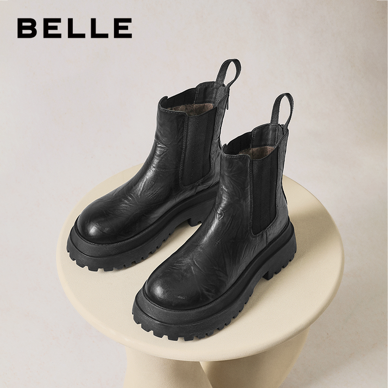 百丽女鞋子厚底增高切尔西靴冬季新款黑色休闲短靴子E7R1DDD5,淘宝优惠券,粉丝福利购,淘宝优惠卷