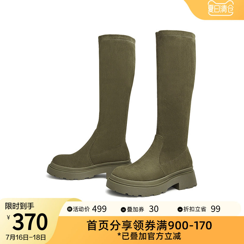 天美意简约绒布厚底弹力女冬高筒靴 百丽集团outlets店弹力靴/袜靴