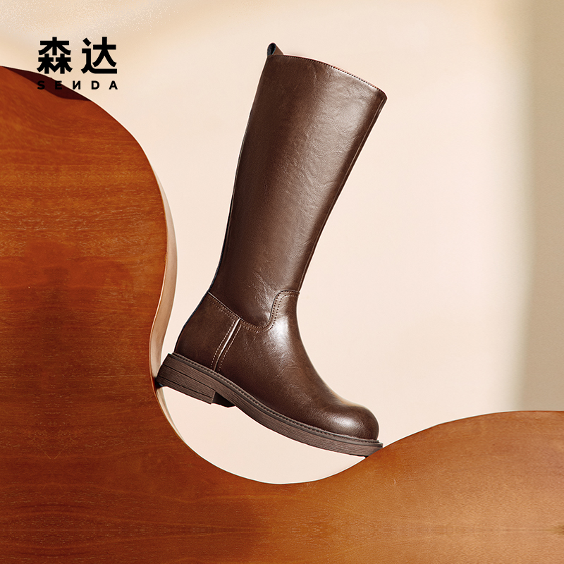 森达骑士靴女靴年冬季复古皱皱皮气质显瘦长筒靴ZTE1 - 图0