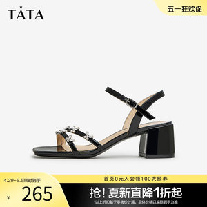 Tata他她奥莱简约一字带凉鞋女奥莱粗跟高跟鞋春季夏季新7MX02BL3