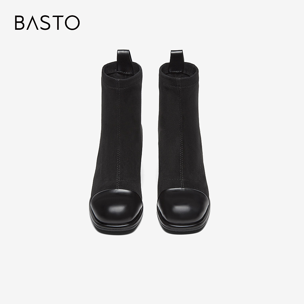 百思图冬季新款商场同款时尚通勤弹力靴粗跟女短靴W7110DD4,淘宝优惠券,粉丝福利购,淘宝优惠卷