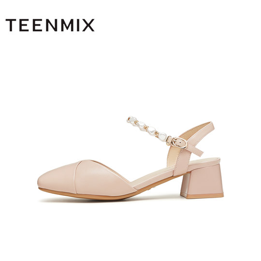 天美意包头后空粗跟凉鞋女外穿时装凉鞋高跟鞋新款BI771BH4