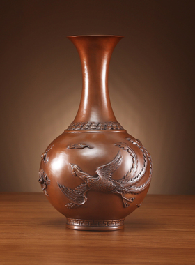 紫铜龙凤花瓶一对铜器工艺品