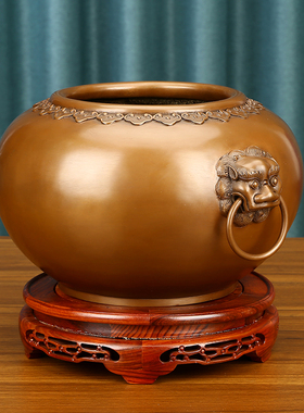 如意纹狮子头缸紫铜材质铜聚宝盆