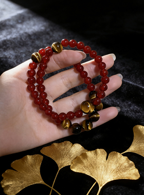 火土本命年红玛瑙手串黄虎眼石多宝双圈天然水晶手链补缺招财饰品