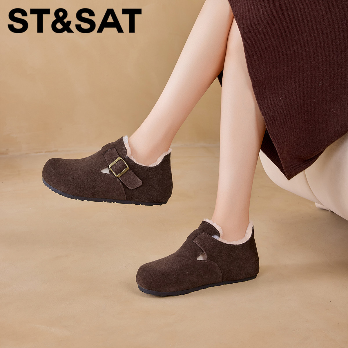 星期六保暖舒适真皮加绒羊毛勃肯鞋2025年冬季新款圆头毛毛鞋女鞋,淘宝优惠券,粉丝福利购,淘宝优惠卷