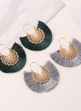 Female fan-shaped tassel earrings hollow earrings扇形耳环