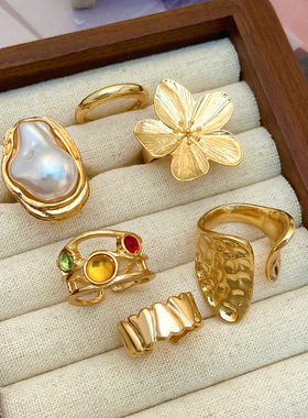 vacation Exaggerated retro flower ring imitation pearl rings