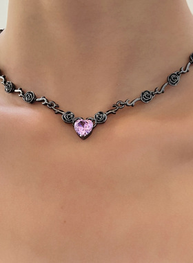 New pink heart-shaped rose chain necklace with feminine 项链