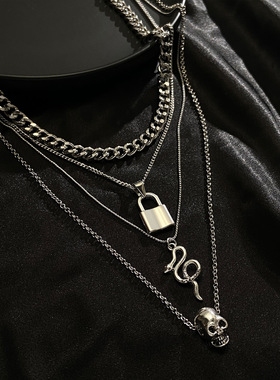 Multi layer thick chain skull snake lock necklace粗链条项链