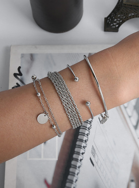 Simple silver smooth tassel bracelet multi-layer bangle set