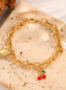 Leaf red cherry pearl pendant bracelet cute graceful甜美手链