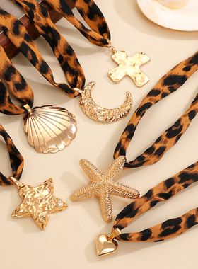 女项链Leopard print bow love pendant necklace women's autumn