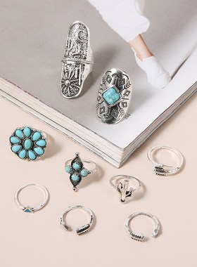 绿松石复古太阳花欧美戒指饰品