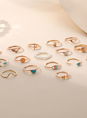 European American New Ring 16 Piece Set 复古太阳眼睛戒指套装