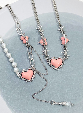 Female love necklace pink sweet cool style collarbone chain