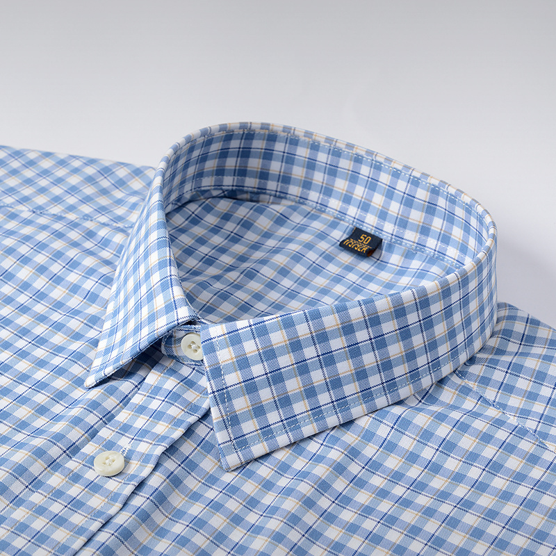 红豆男装格纹短袖衬衫2025夏季新品棉衬衣半袖吸湿青中年方领上衣