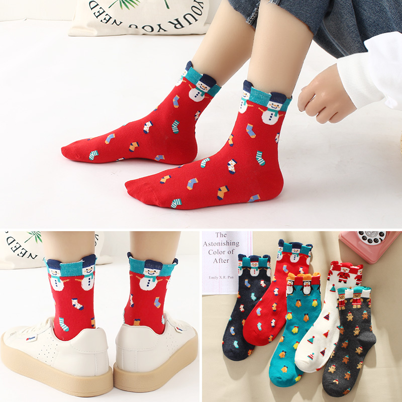 显莎旗舰店袜子女中筒袜秋冬季可爱日系中腰圣诞袜ins潮卡通长筒棉袜5双透气0