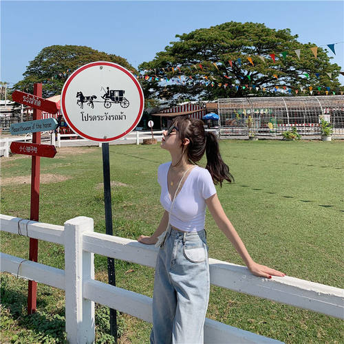 new summer sexy v-neck t-shirt y2k crop top women streetwear - 图1