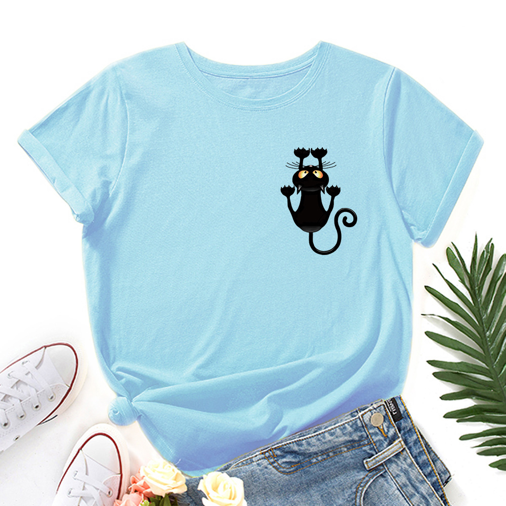 Women Cotton Tshirt Ladies T-shirt 可爱猫咪印花宽松圆领短袖t - 图3