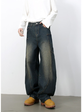 men's baggy jeans mannirn牛仔|美式复古廓形潮牌弯刀牛仔裤男