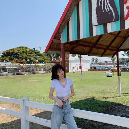 new summer sexy v-neck t-shirt y2k crop top women streetwear - 图2