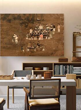 《文会图》新中式装饰画客厅茶室背景墙横版挂画明清古典玄关壁画